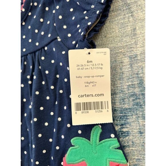 NWT! Carter’s Blue White Polka Dot Strawberry Romper 6 Months - Picture 5 of 5